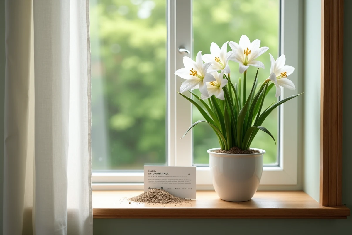Pot de lys blanc sur un rebord de fenêtre avec pollen visible et carte d'avertissement