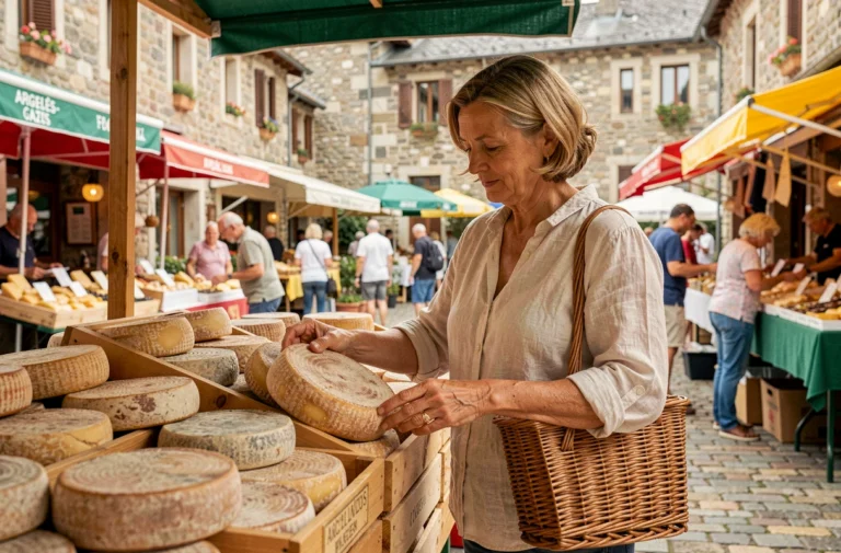 Femme choisissant des fromages de montagne sur un marché en plein air à Argelès-Gazost dans les Hautes-Pyrénées