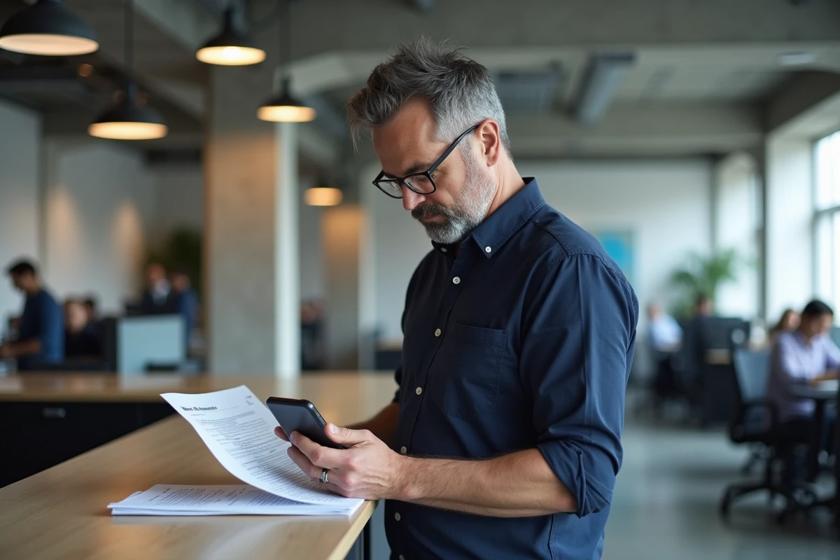 Micro-entrepreneur consultant des formulaires d'aides financières dans un espace de coworking