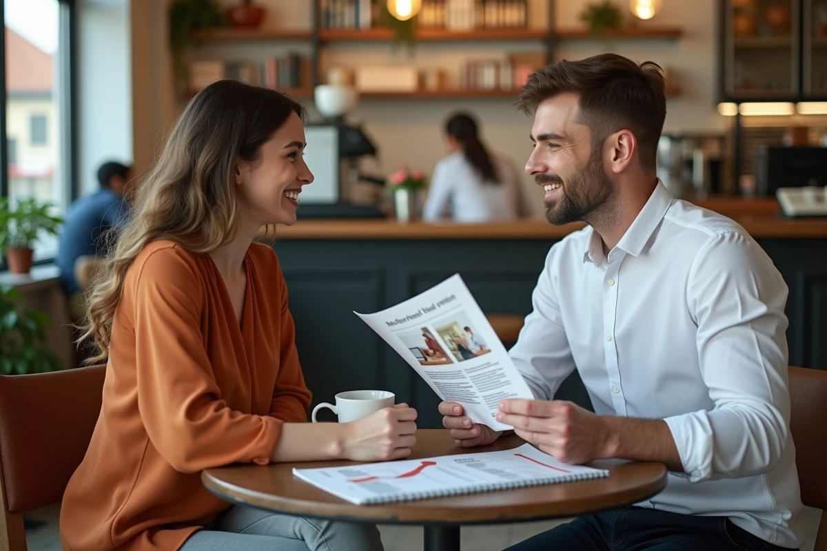 Deux micro-entrepreneurs discutant des aides financières disponibles autour d'un ordinateur dans un café