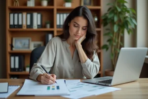 Micro-entrepreneuse consultant des documents d'aides financières dans son bureau à domicile en 2024
