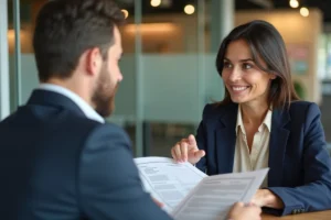 Une femme négocie son taux immobilier Casden avec un conseiller bancaire dans une agence moderne