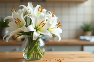 Lys blancs orientaux en vase sur une table de cuisine avec pollen visible sur les étamines