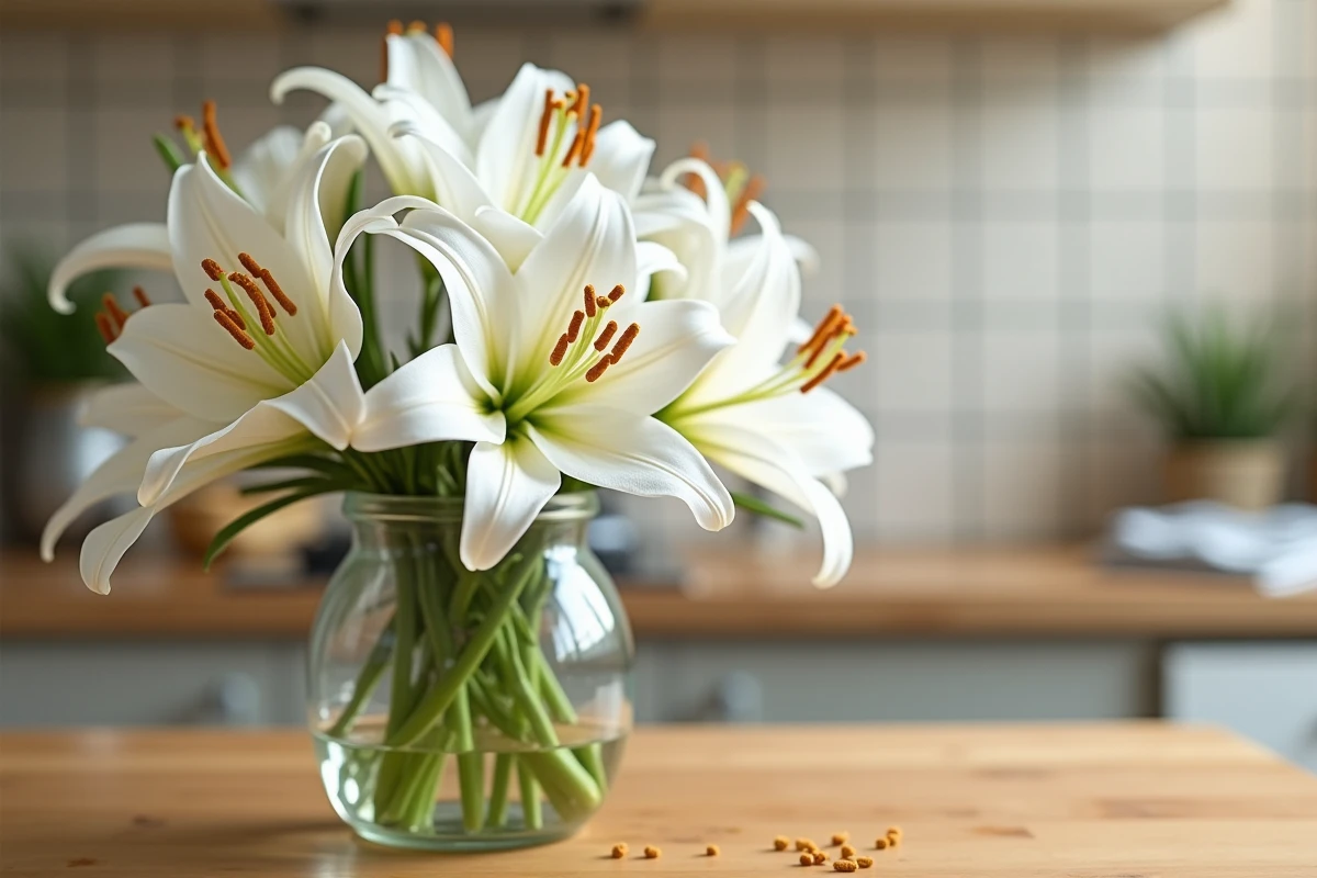 Lys blancs orientaux en vase sur une table de cuisine avec pollen visible sur les étamines