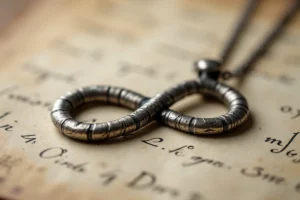 Pendentif en argent gravé en forme de lemniscate posé sur un parchemin ancien avec des notes mathématiques manuscrites