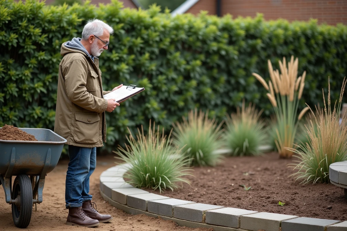 Homme planifiant l'aménagement paysager de son jardin avec plan et outils de jardinage