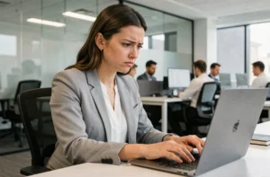 Femme en blazer gris tentant de résoudre un problème de connexion sur son ordinateur portable au bureau
