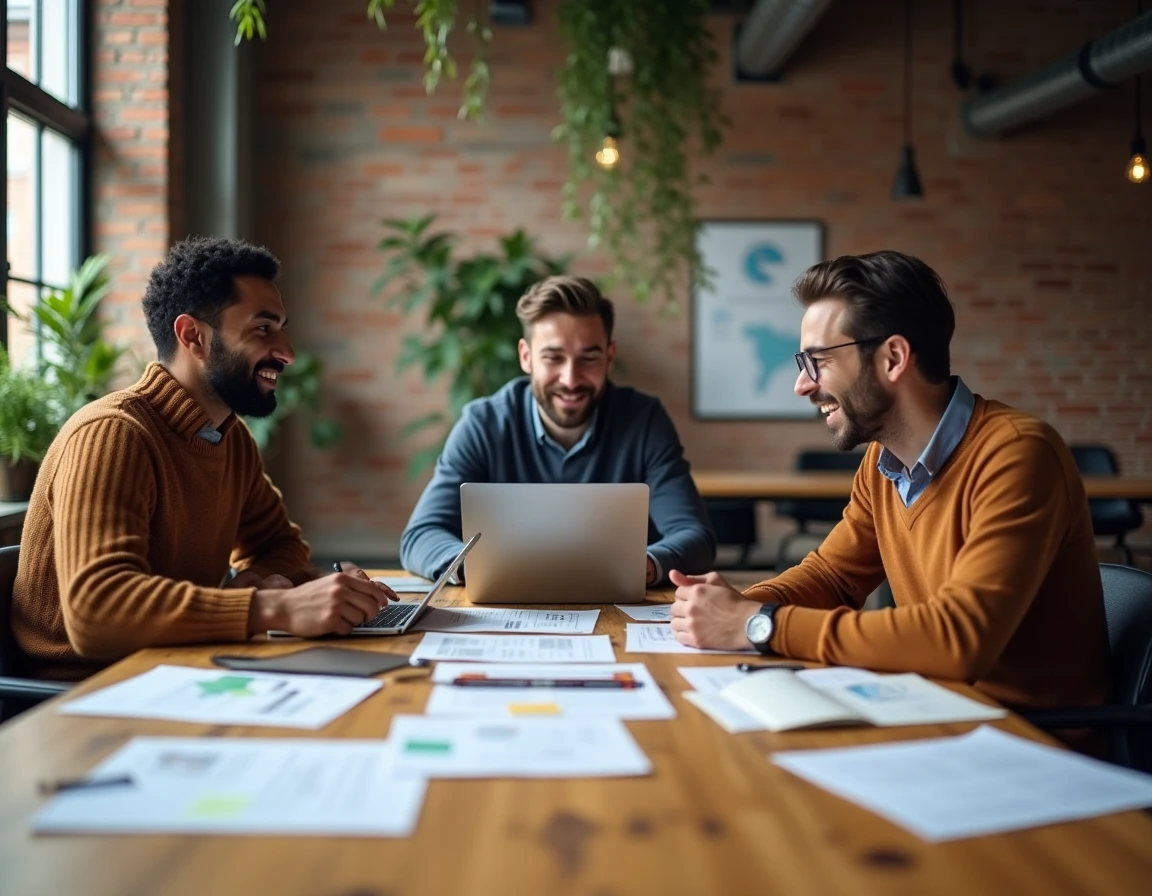 Équipe de professionnels en réunion de travail dans un espace de coworking moderne
