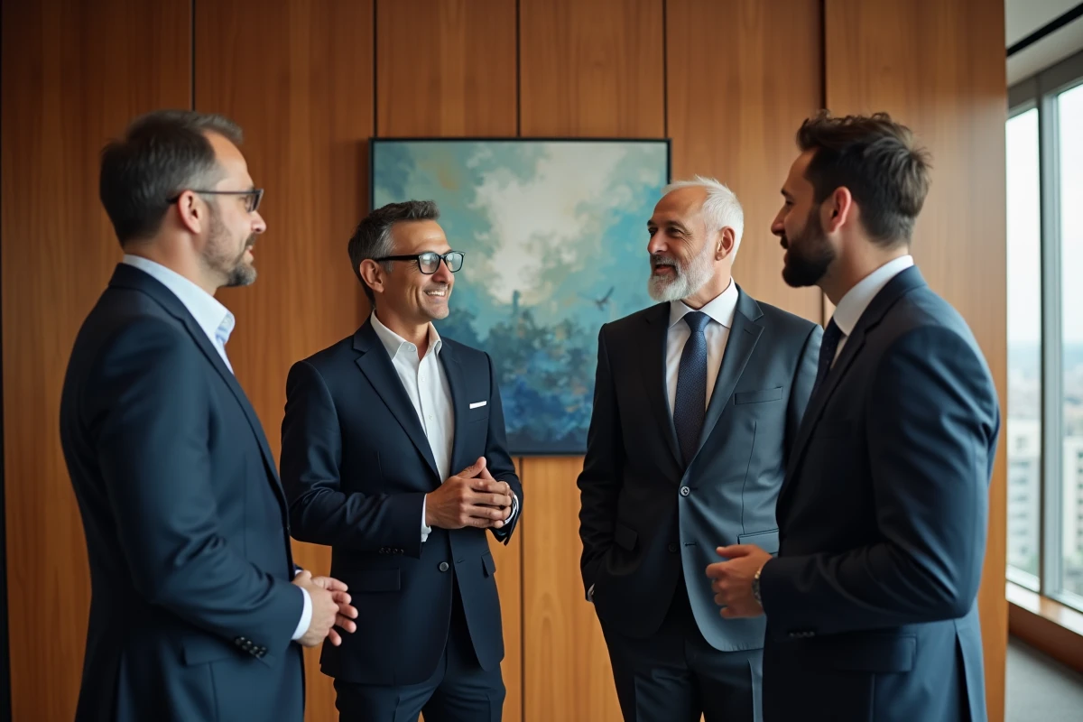 Groupe de professionnels en discussion dans une salle de réunion