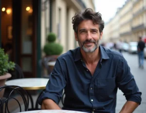 Homme élégant aux cheveux bruns en terrasse de café parisien, évoquant l'univers de Romain Duris
