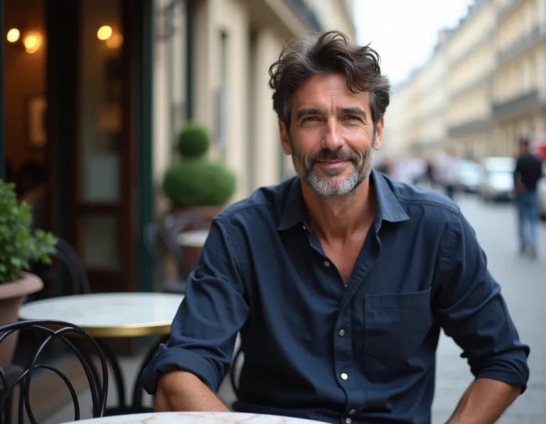 Homme élégant aux cheveux bruns en terrasse de café parisien, évoquant l'univers de Romain Duris