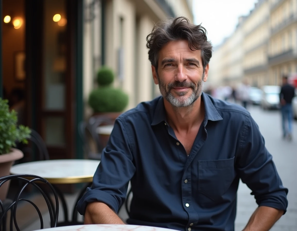 Homme élégant aux cheveux bruns en terrasse de café parisien, évoquant l'univers de Romain Duris