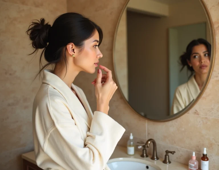 Femme appliquant un sérum de soin sur son visage dans une salle de bain en marbre lors de sa routine beauté matinale