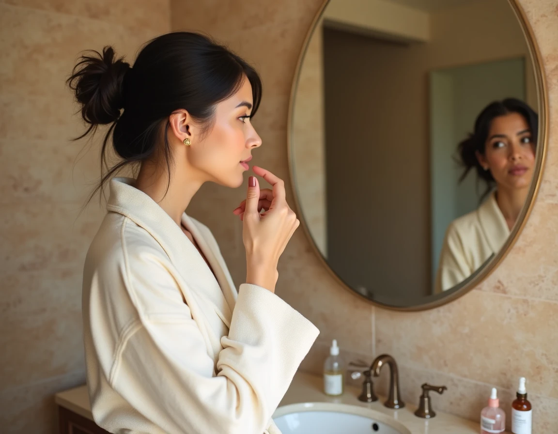 Femme appliquant un sérum de soin sur son visage dans une salle de bain en marbre lors de sa routine beauté matinale