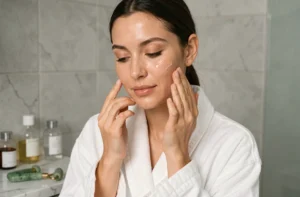 Femme appliquant un sérum sur sa peau dans une salle de bain minimaliste lors de sa routine beauté matinale