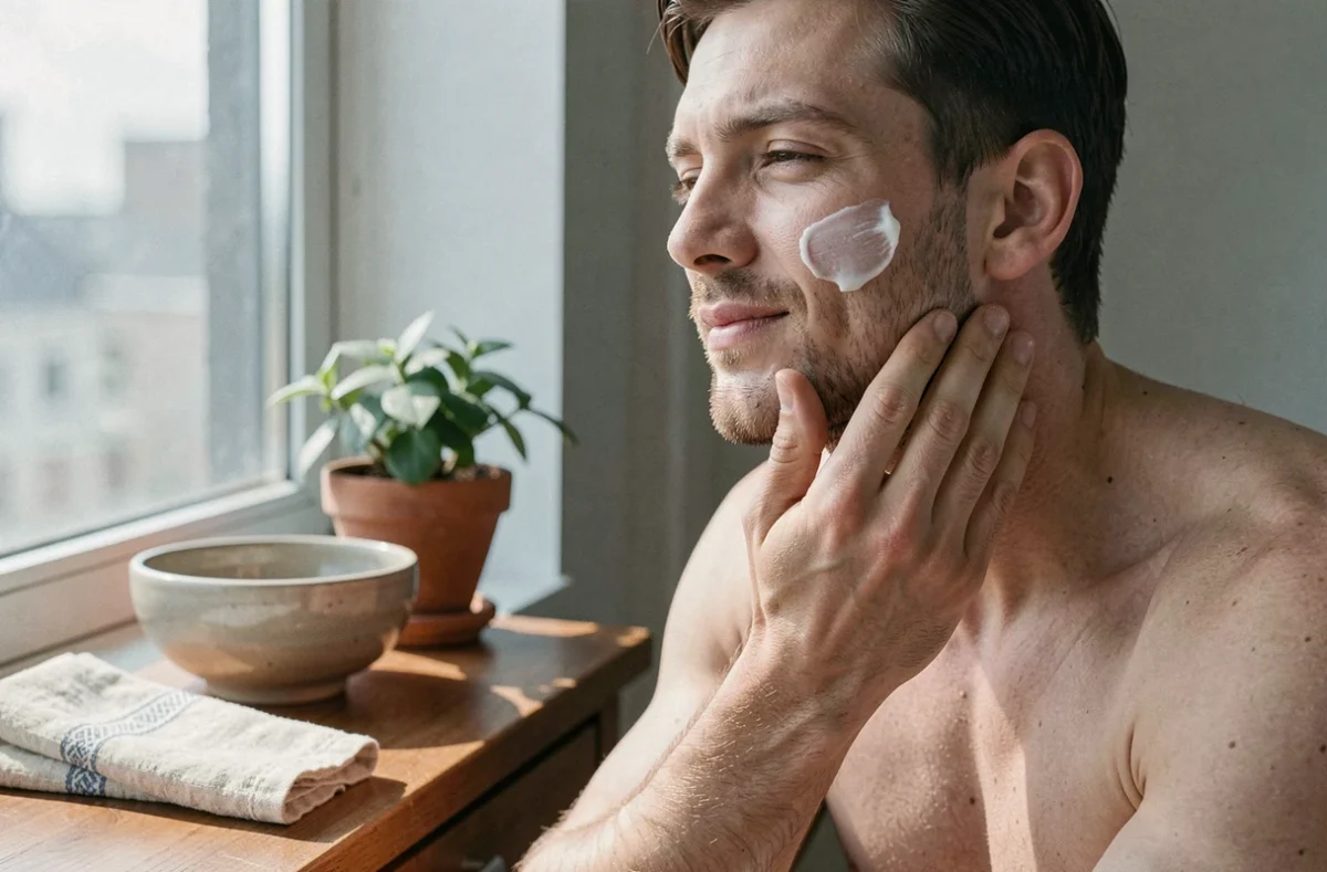 Homme appliquant une crème hydratante sur son visage devant un miroir en bois dans un appartement naturel