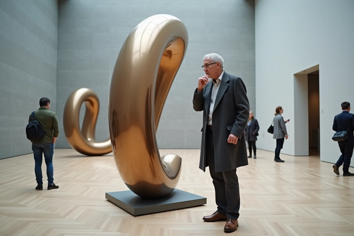 Sculpture en bronze représentant une lemniscate dans un musée d'art contemporain avec un visiteur admiratif