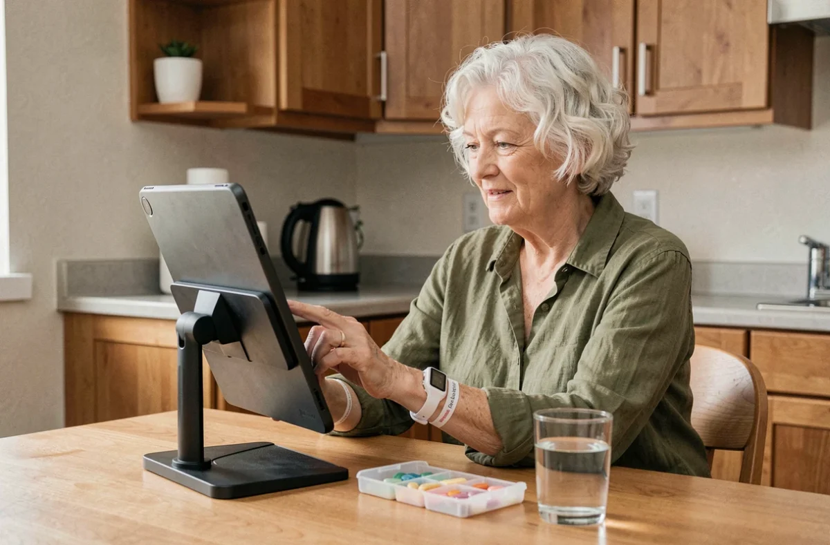 Femme senior utilisant une tablette à grandes touches et un organisateur de médicaments dans une cuisine aménagée pour l'autonomie et le bien-être à domicile