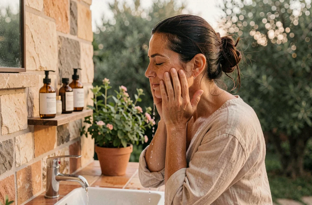 Femme se rinçant le visage à l'eau sur une terrasse extérieure entourée de produits de soin naturels