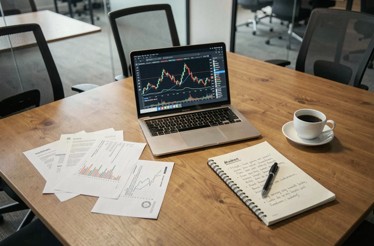 Vue aérienne d'une table de réunion avec documents financiers et graphiques de performance boursière pour une analyse d'investissement