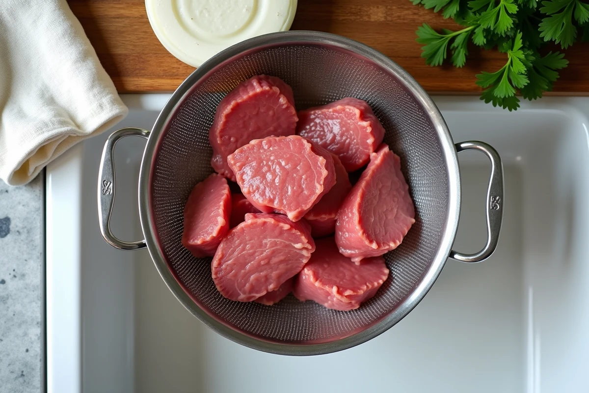 Morceaux de viande de bœuf blanchie égouttés dans une passoire en inox avec des herbes fraîches sur une planche en bois
