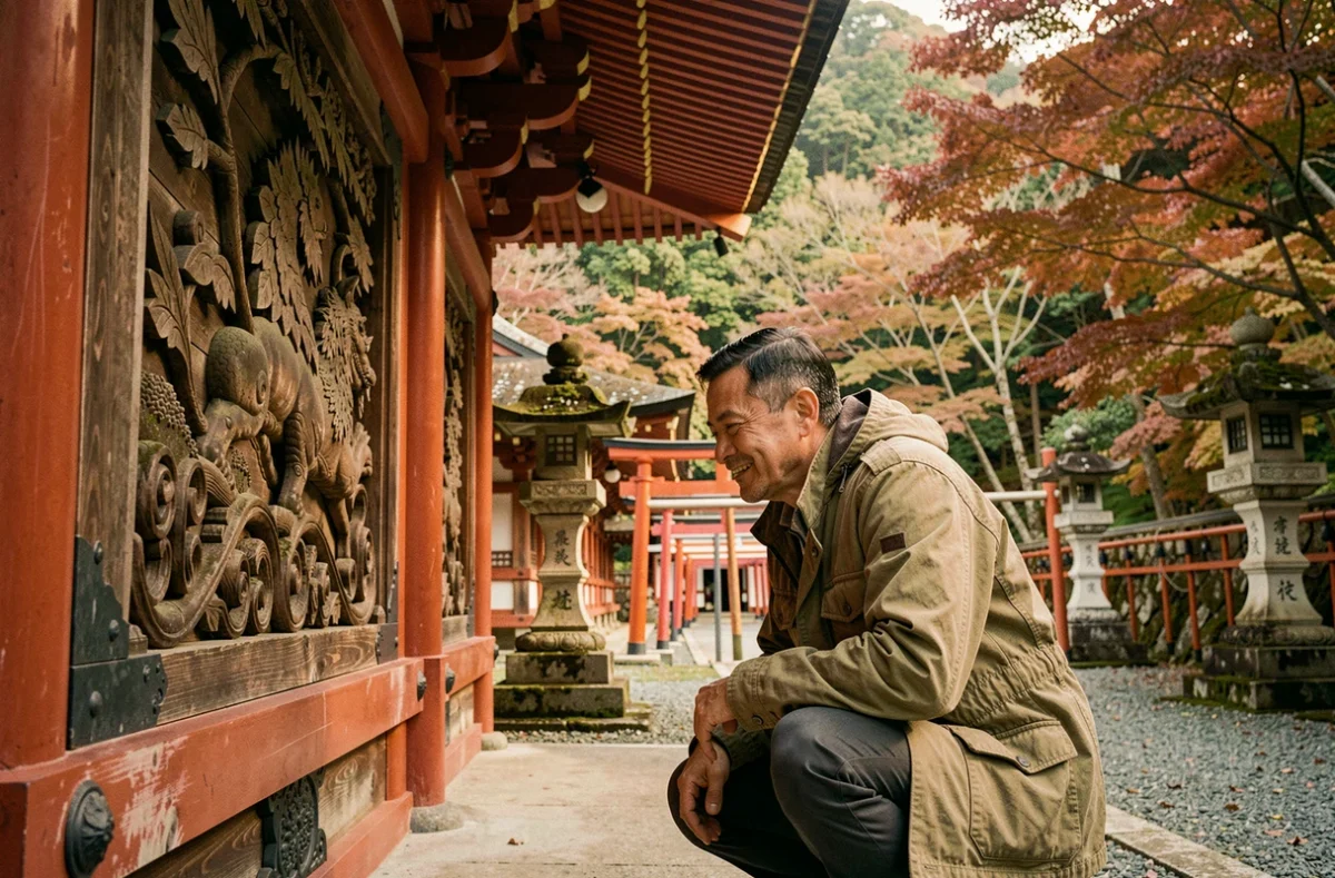 Voyageur explorant une allée de torii et un temple traditionnel à Kyoto entouré de feuillage automnal