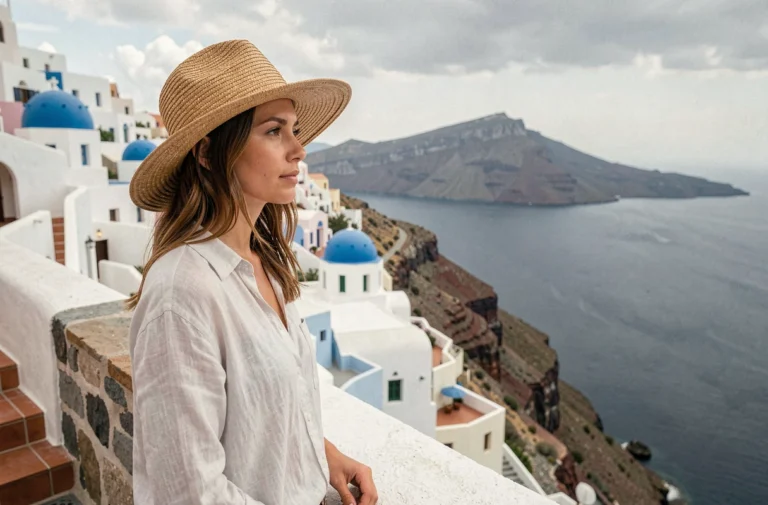 Voyageuse contemplant la caldeira de Santorin depuis un point de vue en pierre avec vue sur les maisons blanches et la mer Égée